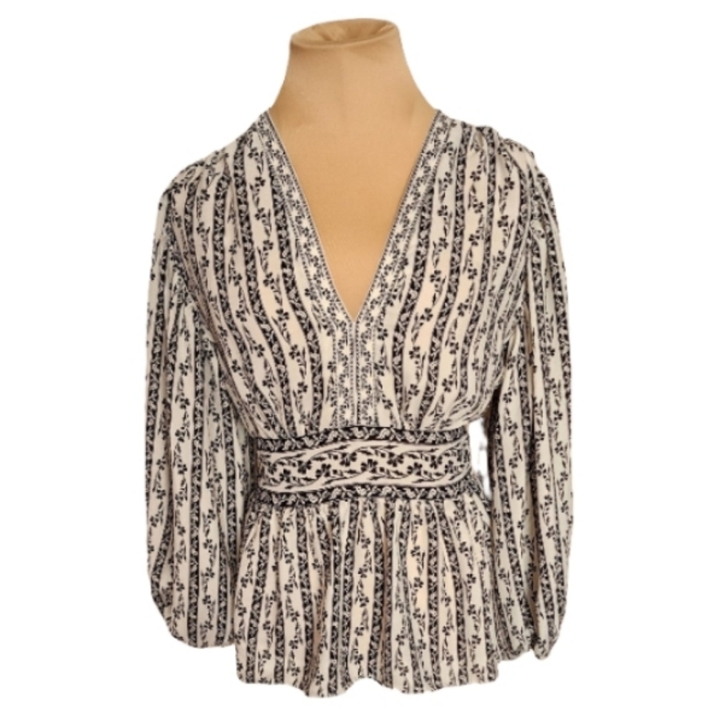 Max Studio‎ Boho Floral Stripe V Neck Smocked Waist Peplum Blouse Small